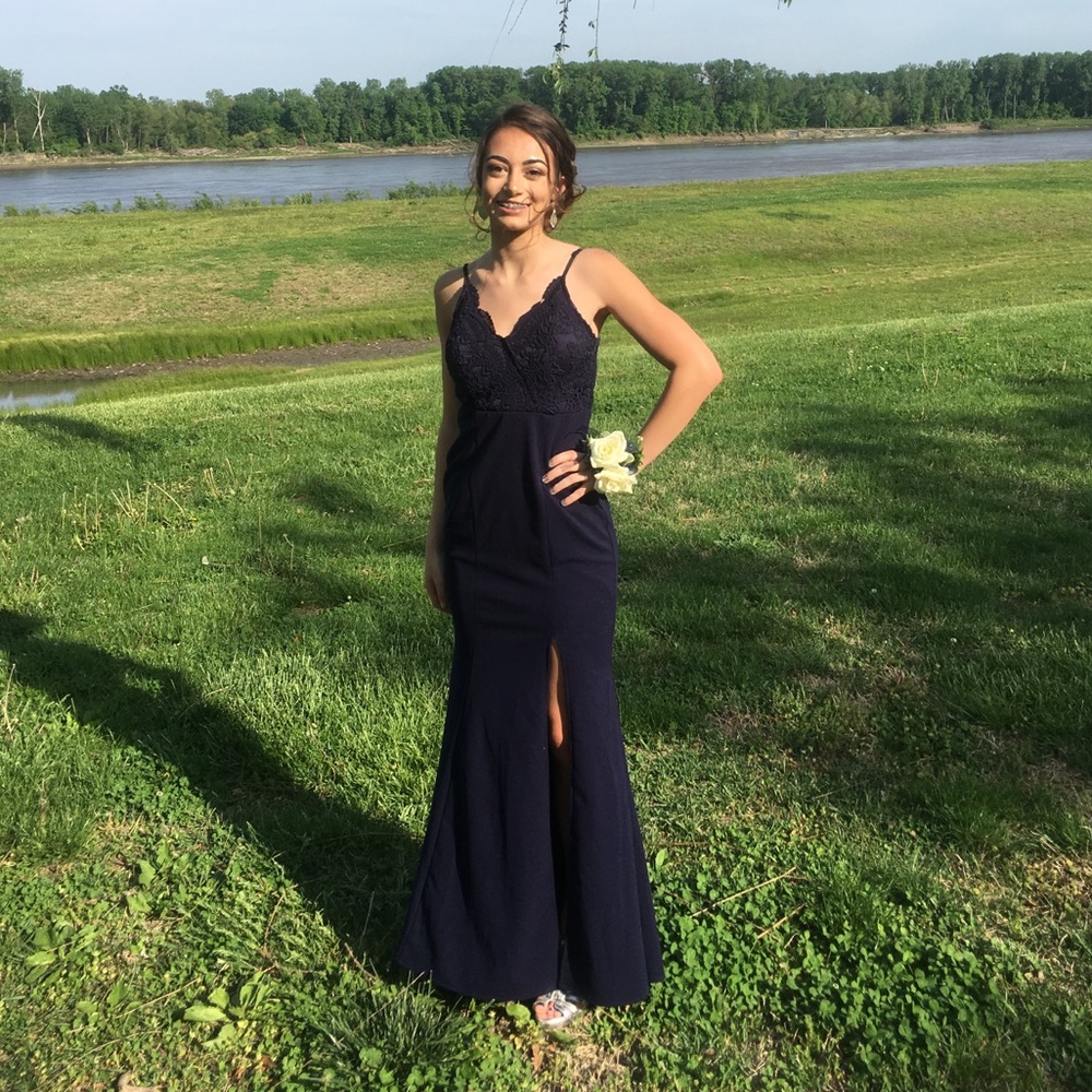 Navy Blue Mermaid Prom Dress with Slit from Lulu’s